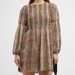Ganni Long Sleeve Smocked Dress  Light Brown Snakeskin Print Size 38 Us Size 6